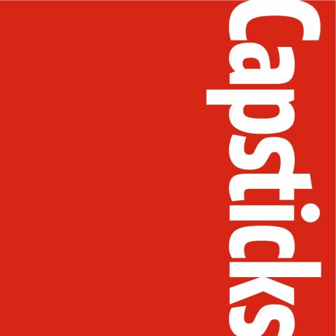 Red block background with the word Capsticks in white lettering